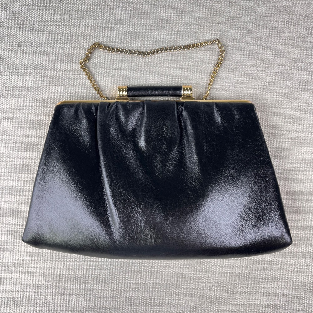 Andé Handbag Womens Small Black Vintage Pleated Frame Clutch Gold Chain Strap
